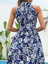 billiga Casual blommiga klänningar-Dam Mini klänning A linjeklänning Blommig klänning Halter Neck Klänning Elegant Mode Modern Utomhus Semester Utekväll Normal Blommig Ärmlös Halterneck Blå Gul Rodnande Rosa Sommar Vår