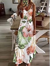 halpa Kukkaiset mekot-Naisten Maksimekko Kesämekko A linjainen mekko Slip Mekko Loma Vapaa-aika Boheemi Hiekkaranta Loose Fit Kuvitettu Lehti Hihaton V kaula-aukko Spagettiolkaimet Valkoinen Vaalean vihreä Punastuvan