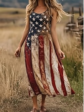  Damen Maxikleid Freizeitkleid Unterkleid Mode Basic Modern Täglich Outdoor Strand Normale Passform Amerikanische Flagge Ärmellos Rundhalsausschnitt Rote Sommer Frühling