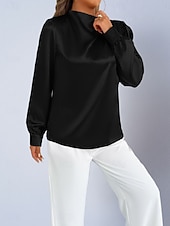 voordelige Chique Blouses-Dames Overhemd Satijnen overhemd Normaal shirt Met ruches Effen Stijlvol Basic Klassiek Lange mouw Hoge nek Normale tops Dagelijks Feestdagen Uitgaan Zwart Wit Wijn Rood Lente Herfst