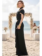 abordables Semi-formal / Cóctel-Two Piece Sheath Column Floor Length Wedding Guest Dress Wedding Guest Dresses Elegant Daily Cap Sleeve Halter Neck Garden Party Wedding with Ruched