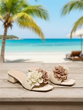 economico Infradito scivolosi-sandali da donna con tacco a blocco e punta quadrata, decorati con motivi floreali 3D bianchi: eleganti sandali con cinturino per vacanze tropicali, resort sulla spiaggia e serate estive
