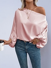 voordelige Chique Blouses-Dames Overhemd Satijnen overhemd Blouse Tops met blote schouders Effen Stijlvol Klassiek Modern Lange mouw Schouderafhangend Normale tops Dagelijks Feestdagen Uitgaan blauw Zwart Blozend Roze Rood