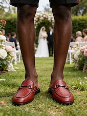 billiga Loafers-Röda slip-on loafers för män, krokodilpräglad ovandel, rygglös mule-design, elegant smart casual-stil för strandbröllop, trädgårdsceremonier och sommarevenemang