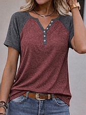  Damen T-Shirt Farbblock Knöpfe Vintage Stilvoll Lässig Kurzarm V Ausschnitt Normale Oberteile Täglich Ausgehen Schwarz Wein Sommer Frühling