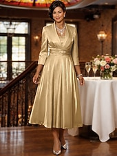 baratos Conjuntos de vestidos para mamãe-Duas Peças Linha A Longuette Vestido de convidada de casamento Vestido Para Mãe dos Noivos Manga 3/4 Decote Quadrado Elegante Vintage Tamanhos Grandes Convidado do casamento Vestidos de jaqueta com