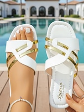 olcso Nők-női fekete és arany papucs - elegáns, keresztpántos lapos papucs - sikkes luxus üdülőcipő trópusi nyaraláshoz és medence melletti pihenéshez