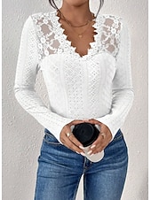 billiga Enkel t-shirt-Dam Spets Splicing Top Spets Ögla Ensfärgat Elegant Mode Sexig Långärmad V-hals Vanliga toppar Dagligen Utekväll Helgen Blå Svart Vit Höst Vinter