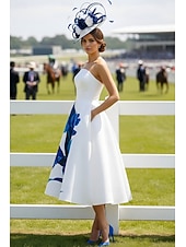 economico Abiti da cocktail-Linea ad A Lunghezza Tè Abito Derby Abito formale Elegante Senza Maniche Senza Spalline Formale Derby del Kentucky Raso con Stampa floreale