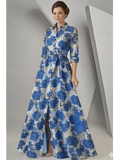 رخيصةأون طول الأرضية-A-الخط طول الأرض شيرت دريس فستان رسمي فستان سهرة فستان أم العروس كم طويل قبعة القميص أنيق عتيق سبليت عالية رسمي قماش الجاكار مع شريطة زهور