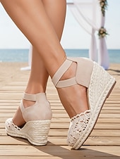 abordables Dama de honor-Sandalias de cuña con alpargatas de encaje beige para mujer, cómodas sandalias de dama de honor con tira en el tobillo para bodas en la playa.