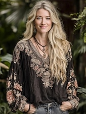 preiswerte Wesentliche Falsche Hemden-Damenbluse Leinenähnlich Atmungsaktiv Leicht Floral Grafik Elegant Bohème Vintage Langarm V-Ausschnitt Reguläre Oberteile Täglicher Feiertag Patchwork Druck Blau Schwarz Pink Grün Sommer Frühling