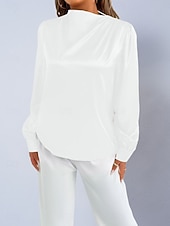 voordelige Chique Blouses-Dames Overhemd Satijnen overhemd Normaal shirt Met ruches Effen Stijlvol Basic Klassiek Lange mouw Hoge nek Normale tops Dagelijks Feestdagen Uitgaan Zwart Wit Wijn Rood Lente Herfst