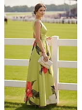 economico Lunghezza del pavimento-Linea ad A Lunghezza al pavimento Abito da invitata a nozze Abito Formale Abito Derby Abito da cerimonia per signora Senza Maniche Scollo a V Elegante Formale Ferie Derby del Kentucky Raso con Fascia