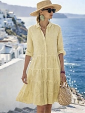 economico Vestito Semplice-Per donna Mini Abito Abito a Tubino Abito Estivo Casual Quotidiano Vestibilità regolare A righe Manica Lunga Bavero Blu Giallo Rosa Rosso Estate Primavera Autunno