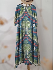 Χαμηλού Κόστους Floral φορέματα-Γυναικείο Μακρύ Φόρεμα Λινάρι Τόσο Αναπνεύσιμη Ελαφριά Σαλοπέτα Άμεσου Στυλ Καλοκαιρινό Φόρεμα Διακοπών Καθημερινό Μποχό Παραλία Διακοπές 3/4 Μανίκι Λαιμός Φαρέτρα