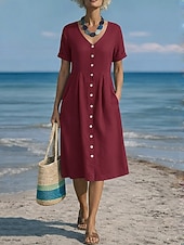 tanie Podstawowe sztuczne sukienki-Damskie Sukienka midi Sztuczna bawełna len Sukienka A line Codzienny Codzienny Regularny Równina Krótki rękaw W serek Niebieski Czarny Biały Wino Lato Wiosna