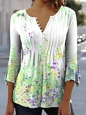 preiswerte Blumen-T-Shirt-Damen T-Shirt Floral Grafik Elegant 3/4 Länge Ärmel V-Ausschnitt Lange Oberteile Täglich Ausgehen Volants Knöpfe Blau Gelb Violett Grün Sommer Frühling