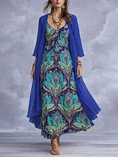 preiswerte Boho Kleid-Damen Kleid-Set A Linie Kleid Urlaub Boho Blumen Grafik Geschichtet Druck Maxikleid Dreiviertelarm V Ausschnitt Strand Blau Rosa Purpur Sommer Frühling Normale Passform