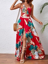 tanie Sukienki kwiatowe na co dzień-Damskie Sukienka maxi Codzienne sukienki Sukienka w kwiatki Sukienka na ramiączkach Elegancja Moda Nowoczesny Na zewnątrz Urlop Wyjściowe Regularny Kwiaty Bez rękawów W serek Biały Lato Wiosna