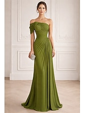 abordables Robes de Soirée Sirène-A-Line Mermaid Trumpet Floor Length Evening Gown Elegant Sleeveless One Shoulder Wedding Formal Stretch Satin with Pleats