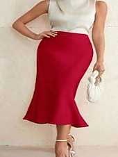 cheap Formal Skirts-Women's Satin Skirts Elegant Vintage Fashion Casual Midi High Waist Skirts Plain Ruched Patchwork Inelastic Daily Party Navy Black Pink Red Summer