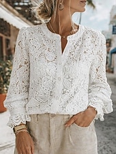 billiga Spets toppar-Dam Blus Spets Knappar Ensfärgat Stylish Ledigt Långärmad Hög hals Vanliga toppar Dagligen Vit Sommar Vår Höst