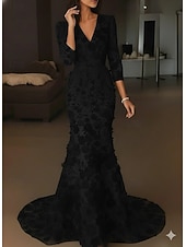  A-linje Gulvlengde Kveldskjoler Formell kjole Elegant Årgang Blomster Halvlange ermer V-hals Bryllup Formell Sateng Blonder med Brodert blomst Broderi Appliqué