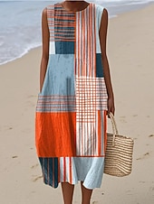 Χαμηλού Κόστους Ριγέ και Γεωμετρικά Φορέματα-Γυναικείο Midi Φόρεμα Λινό Φορέμα Ήλιου Σαφάρι Φόρεμα Α-Γραμμή Φόρεμα Διακοπών Καθημερινό Μποχό Παραλία Βγαίνοντας Χαλαρή Εφαρμογή Γραφικά Γεωμετρικά Αμάνικο Crew Neck Μπλε Κόκκινο Καφέ Πράσινο