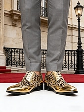 cheap Derby Shoes-Men's Gold Leopard Print Dress Shoes – Bold and Fashionable Design for Formal Events and Celebrations and Weddings