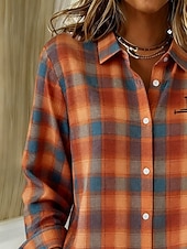 abordables Blusas Florales-Mujer Camisa Camisa con botones Camisa casual Blusa Botones Plaid Vintage Elegante Clásico Manga Larga Cuello Camisero Tops regulares Diario Festivos Noche Naranja Verano Primavera