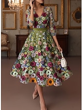 cheap Cocktail Dresses-A-Line Tea Length Cocktail Dresses Elegant Vintage Floral Half Sleeve V Neck Garden Party Wedding Pocket Satin Lace with Embroidered Flower Embroidery Pocket
