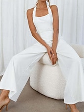 billige Jumpsuits-Dame Normal Kjeledresser Elegant Helfarge Ermeløs Bred Bukseben Grimehals Åpen rygg Daglig Feriereise Løstsittende Hvit Lysegrønn Rosa Sommer