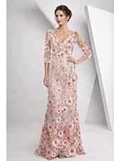 cheap Floor Length-A-Line Floor Length Mother of the Bride Dress Half Sleeve V Neck Elegant Vintage Formal Lace Tulle with 3D Flowers Embroidery Flower