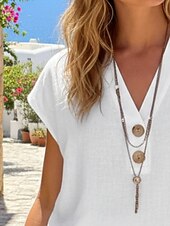 お買い得  シャツ-女性用 シャツ コットンリネンシャツ ブラウス ボタン 平織り スタイリッシュ クラシック 近代の 半袖 Ｖネック レギュラートップス 日常 祝日 お出かけ ホワイト ピンク グリーン ライトブルー 夏 春