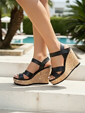 preiswerte Keilsandalen-Schwarze Keilsandalen mit Plateau aus Kork für Damen – bequeme, offene Riemchensandalen mit Absatz für den Sommer, ideal für Städtetrips, Sightseeing und Strandclubs. &amp;Aktivreisende