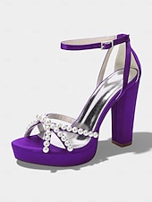 cheap Bride-Women's Ivory Platform Chunky Block Heel Sandals, Pearl-Embellished Ankle Strap Bridal Shoes for Church Weddings
