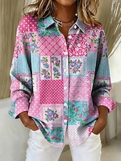 abordables Blouses Florales-Femmes Chemise Patchwork Boutons Imprimé Fleuri Graphique ancien Élégant Moderne manche longue Col de chemise Hauts Réguliers Quotidien Bleu Rose Claire Été Printemps