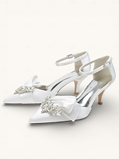 abordables novia-Elegantes zapatos de novia de satén con detalle de diamantes de imitación para mujer: punta puntiaguda, tacón bajo, tira al tobillo y varios colores.