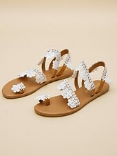 cheap Women-Women's Beige Lace Flat Sandals – Natural Boho Style for Beach Vacation