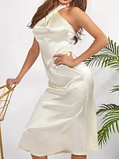 economico Vestito Semplice-Per donna Abito Midi Abito in Raso Vestito da Festa Abito con Collo Allacciato Elegante Moda Moderno All'aperto Vacanza Feste Taglia piccola Semplice Senza Maniche All'americana Beige Estate Primavera