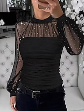 Χαμηλού Κόστους Επίσημες Μπλούζες-Γυναικεία Πουκάμισο Μπλούζα Κουρελού Δίχτυ Σκέτο Κομψό Στυλάτο Μακρυμάνικο Ζιβάγκο Κανονικά μπλουζάκια Καθημερινά Αργίες Εξόδου Μαύρο Λευκό Ανθισμένο Ροζ Καλοκαίρι Άνοιξη