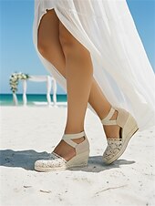 voordelige Vrouwen-Dames gehaakte kant espadrillesandalen met sleehak – vintage stijl gesloten teen platform schoenen met enkelbandjes, ideaal voor zomerse strandbruiloften en tuinfeesten