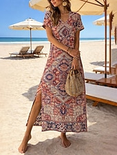 economico Abiti Boho-Per donna Abito maxi Abito a trapezio Casual Spiaggia Vestibilità regolare Grafico Geometrico Paisley Manica Corta Scollo a V Bianco Rosa Rosso Marrone Estate Primavera