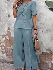 cheap Women's Blouse Suits-Women's Pants Sets Bolero Faux Cotton Linen Short Sleeve Crew Neck Solid Color Fashion Streetwear Casual Daily Outdoor Blue White Khaki Summer Regular Fit
