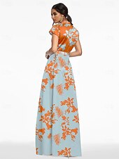 cheap A-Line Evening Dresses-A-Line Floor Length Evening Gown Formal Dress Elegant Silky Short Sleeve V Neck Wedding Formal Satin with Floral Print