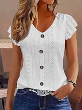 baratos Camiseta lisa-Mulheres Camiseta T-shirt Frufru Ilhó Botões Tecido Moda à moda Clássico Manga Curta Decote V Tops regulares Diário Para Noite Final de semana Branco Amarelo Rosa Azul Céu Verde Verão Primavera