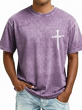  Men's Bible Cross T Shirt Short Sleeve T shirt Acid Wash Crew Neck Shirt Vintage Retro Casual Beach Travel Blue Purple Gray Summer Spring Clothing Apparel