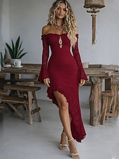 economico Vestito Semplice-Per donna Abito maxi Tubino Elegante Festa cocktail All'aperto Feste Matrimonio Pizzo Volant Patchwork Vestibilità regolare Tinta unica Manica Lunga Senza Spalle Nero Bianco Rosso