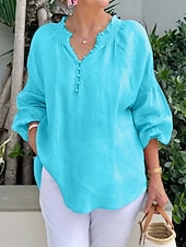 baratos Camisas Falsas Essenciais-Blusa de Linho Feminina Como Algodão Falso Botões Cor Sólida Casual de Mangas Longas Decote V Tops Longos Diários Azul Preto Branco Rosa Primavera Outono